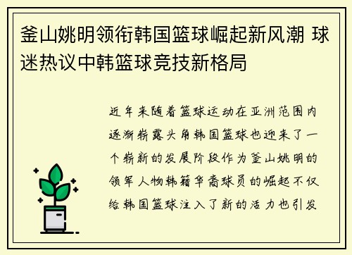 釜山姚明领衔韩国篮球崛起新风潮 球迷热议中韩篮球竞技新格局